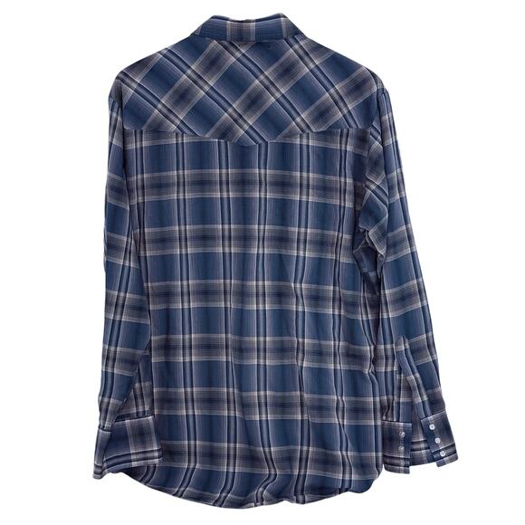 Vintage Ely Cattleman Pearl Snap Western Shirt Blue Tan Plaid Mens Large Cowboy - Picture 2 of 5